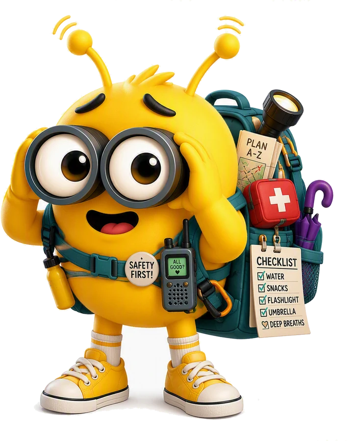 Scout, a yellow character with binoculars and a packed backpack,
                    checking a list that ends with DEEP BREATHS.