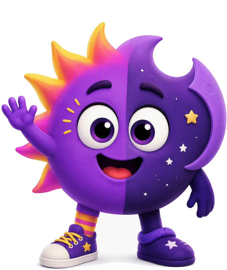 Flux, a purple character who is half sun and half crescent moon,
                    waving, wearing one sneaker and one slipper.