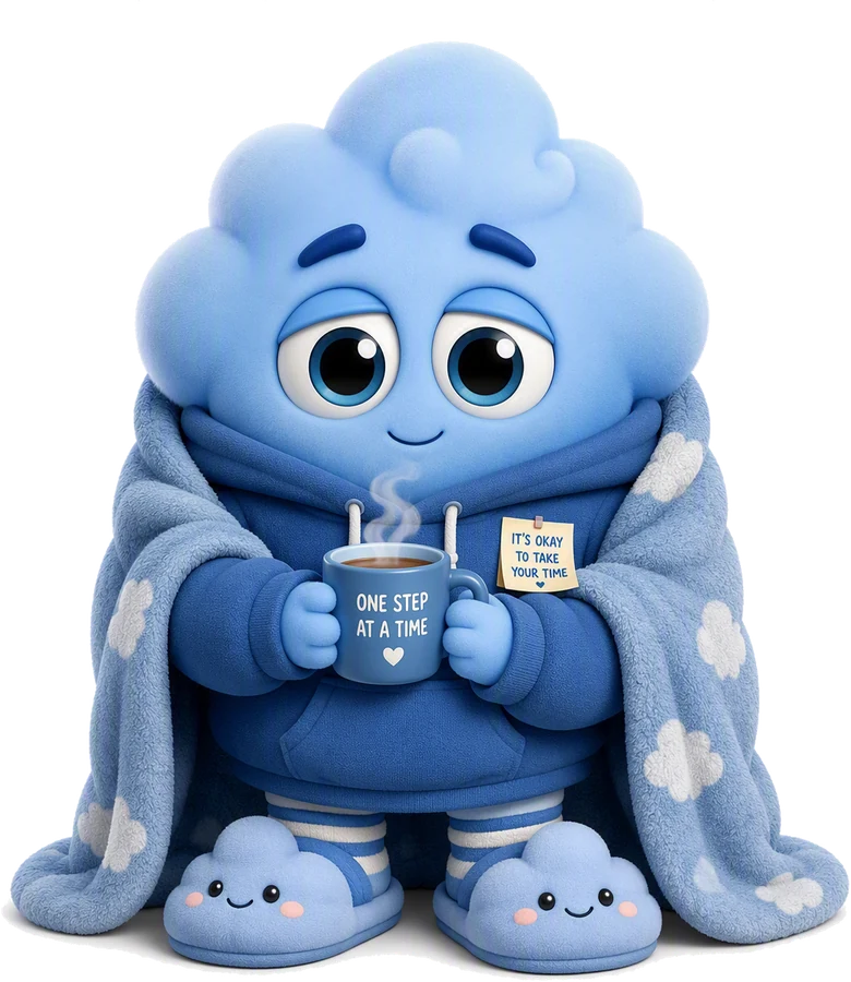 Nimbus, a blue cloud wrapped in a blanket, holding a mug that says
                    ONE STEP AT A TIME.
