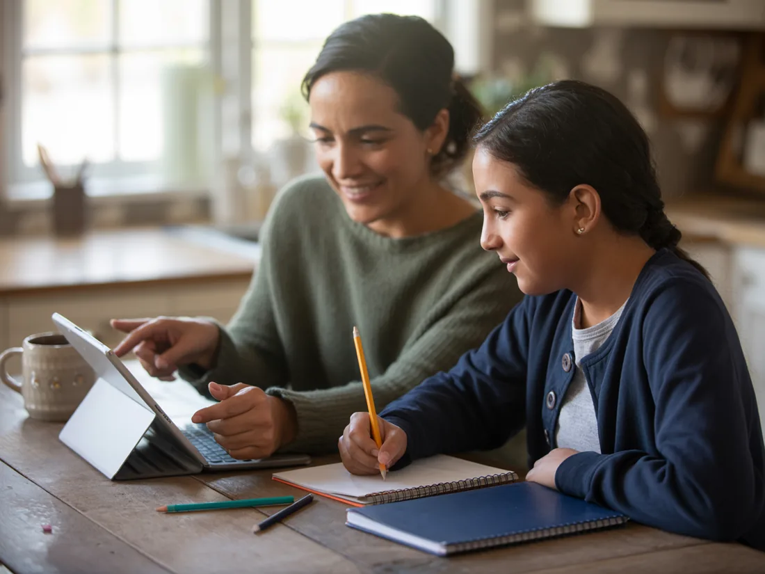 A parent and a teenager working through a plan together at the kitchen table.