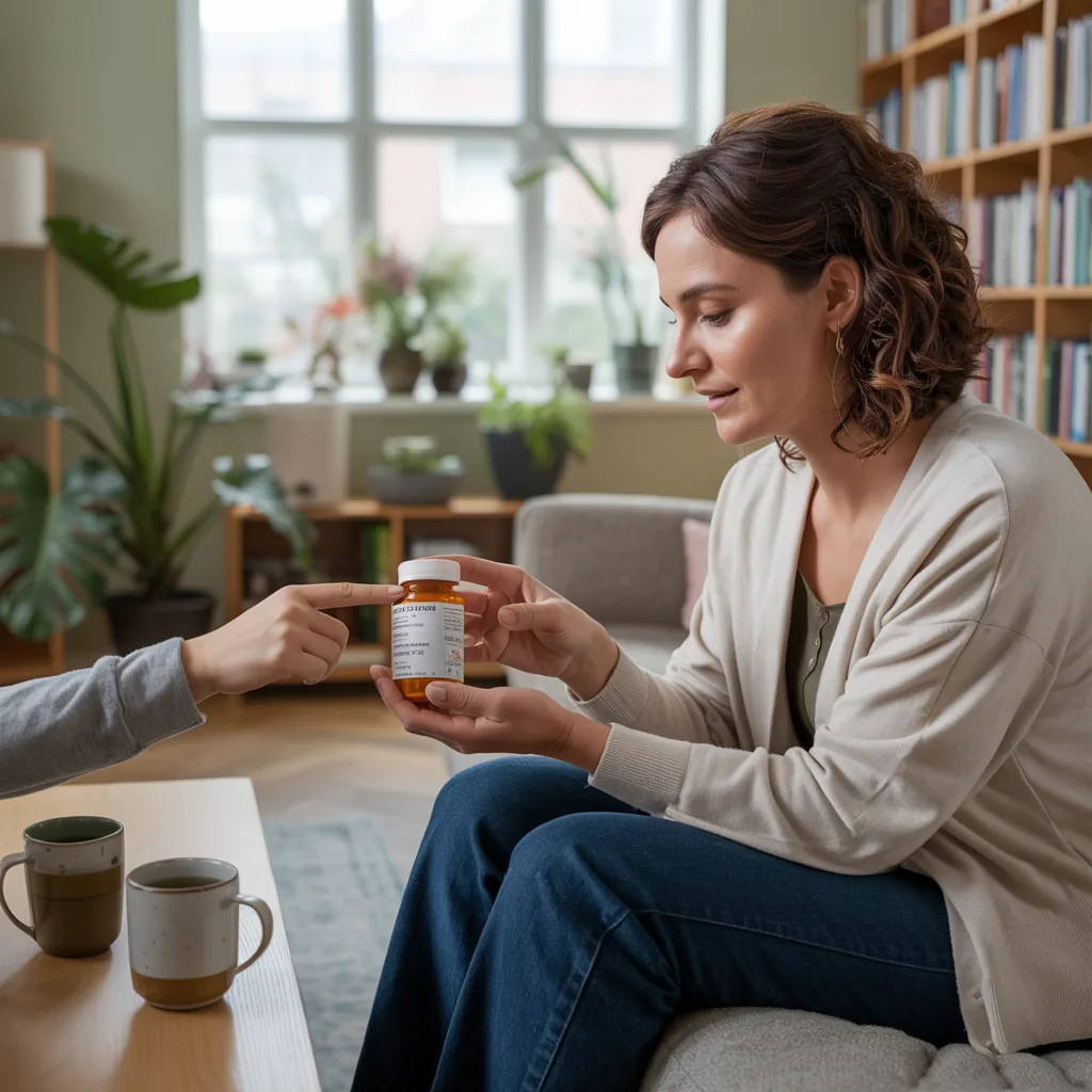 Two people looking at a prescription bottle together and talking about the label.