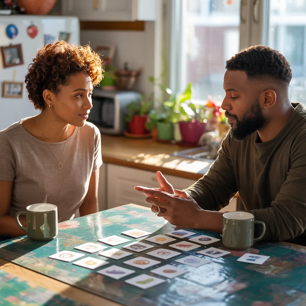 Two adults talking at a sunny kitchen table while working through a set of goal cards.